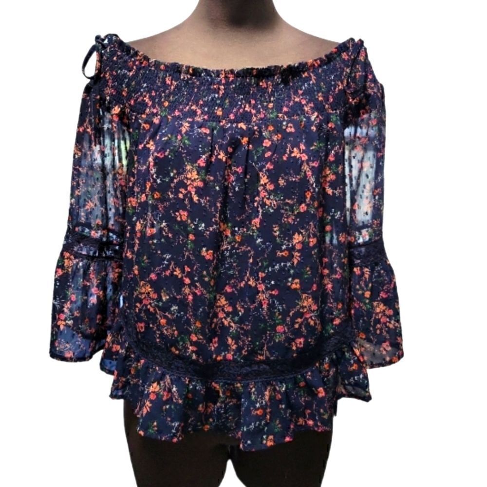 NWOT SKIES ARE BLUE OFF THE SHOULDER FLORAL BLOUSE WITH SHEER SLEEVES SZ.S
